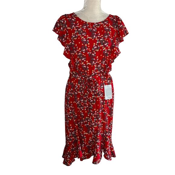 Max Studio Floral Midi Dress Red Small Ruffles Belted New - Picture 2 of 15